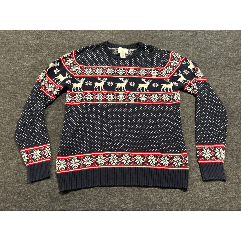 Aspen Fair Isle Sweater Mens Medium Navy Blue Reindeer Snowflake Cotton